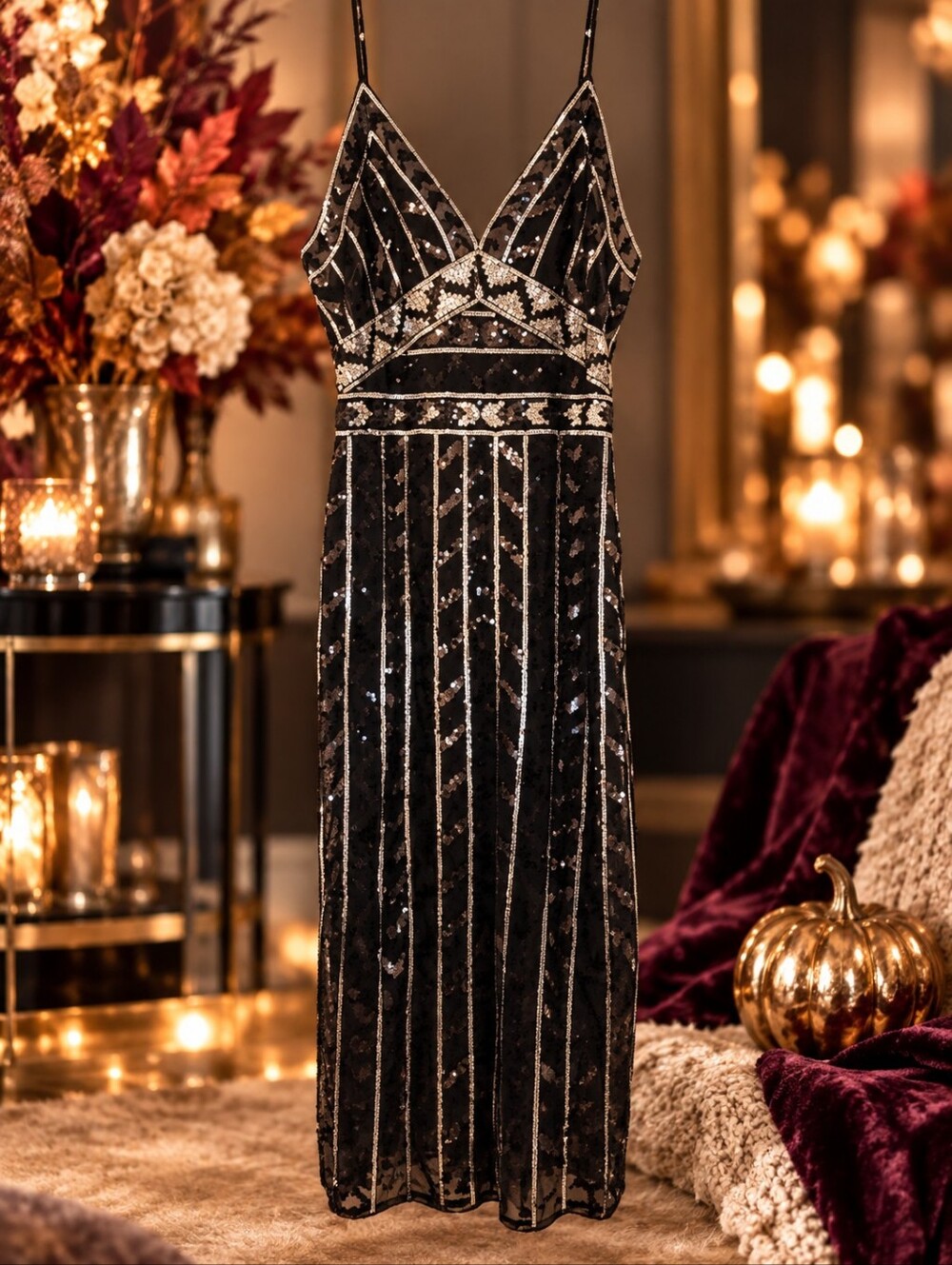 Express Black Velvet Silver Sequin Midi Dress M Art Deco Holiday Party